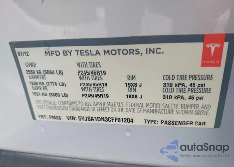 2012 Tesla Model S Signature from USA, damaged, VIN 5YJSA1DN3CFP01204